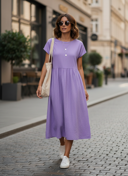 Midi Dress for Women Short Sleeve with Round Neck