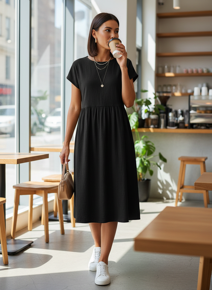 Midi Dress for Women Short Sleeve with Round Neck