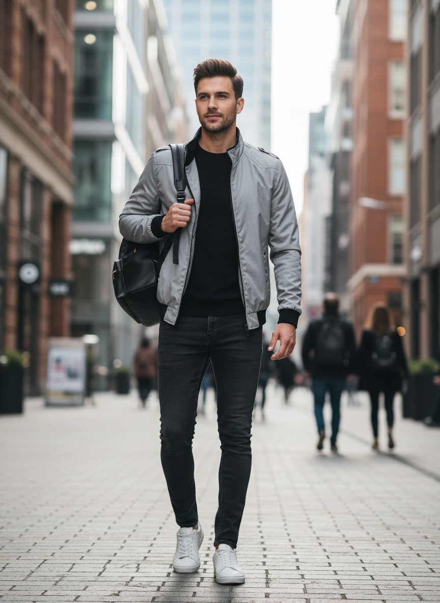 Men's Jacket with Zip and Stand-Up Collar