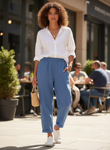 Women's Trousers with Elastic Waistband and Straight Leg