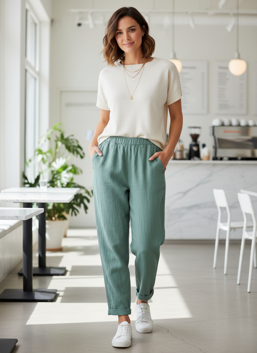Women's Trousers with Elastic Waistband and Straight Leg