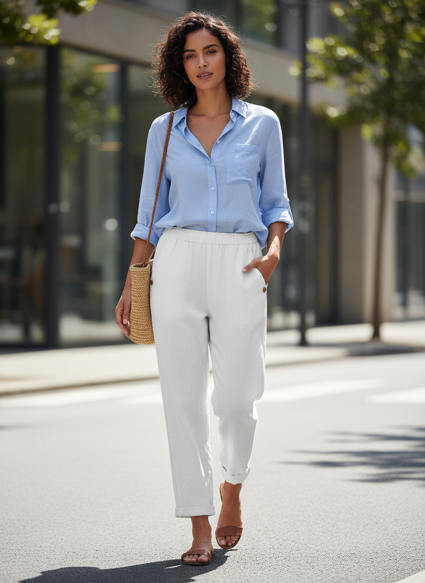 Women's Trousers with Elastic Waistband and Straight Leg