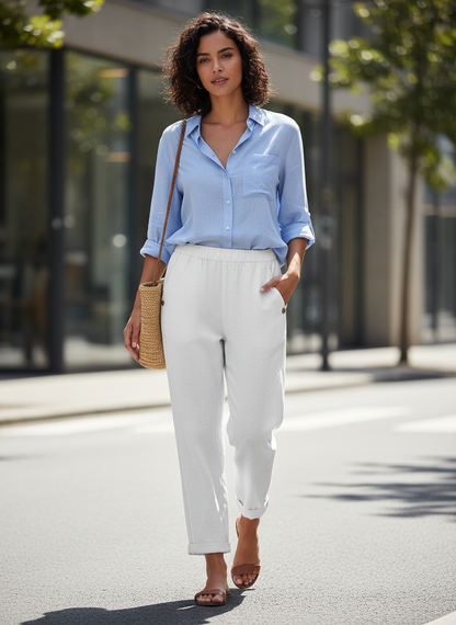 Women's Trousers with Elastic Waistband and Straight Leg