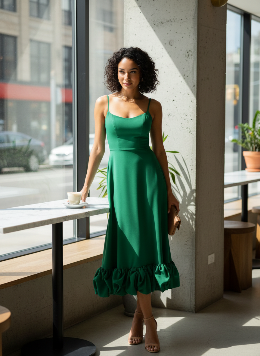 Midi Dress for Women with Straps and Ruffles