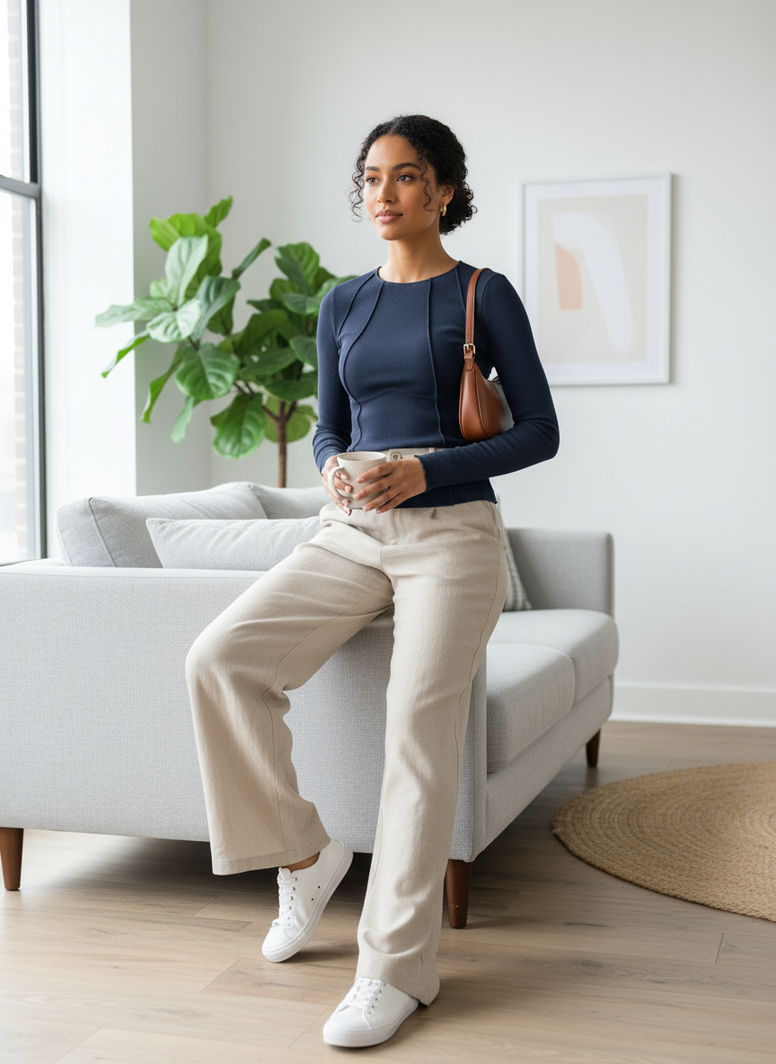 Long Sleeve Top for Women with Round Neck and Ribbed Texture