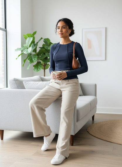 Long Sleeve Top for Women with Round Neck and Ribbed Texture