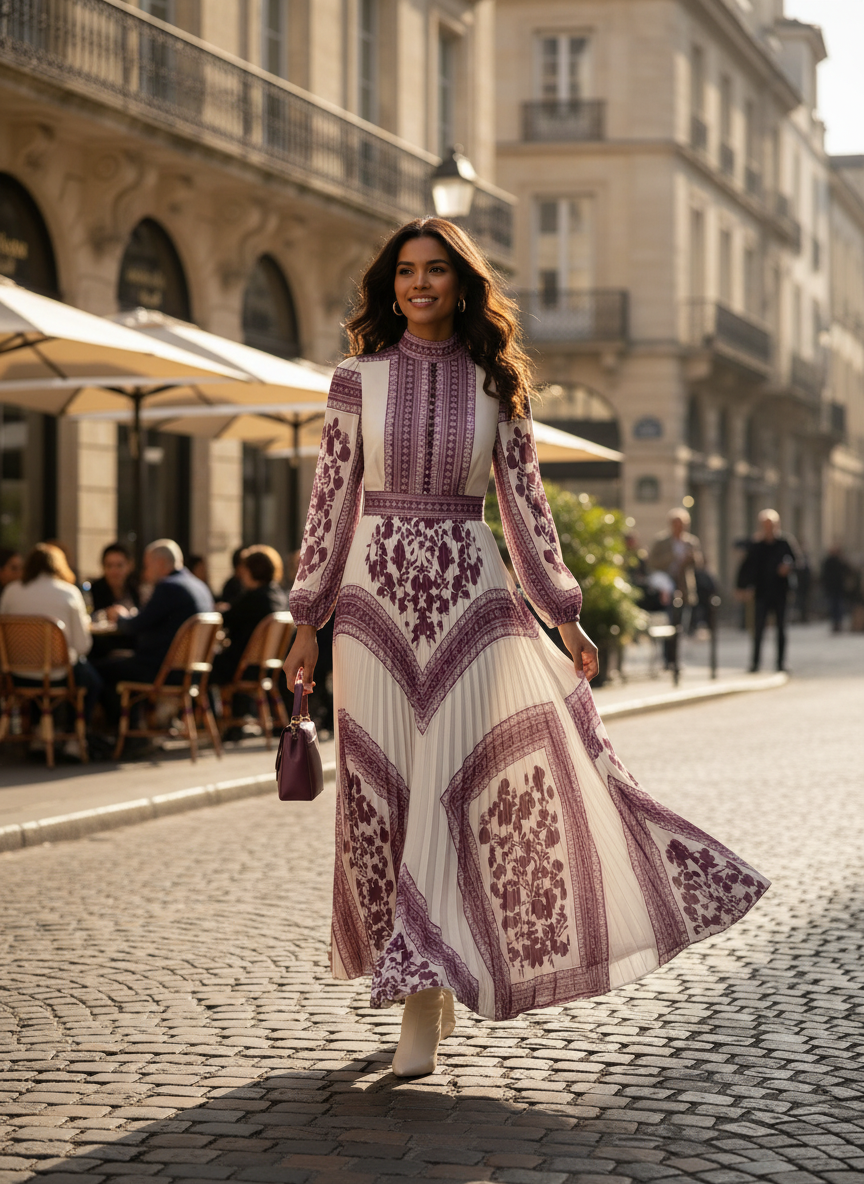 Women's Long Sleeve Maxi Dress with Pattern and Stand-Up Collar