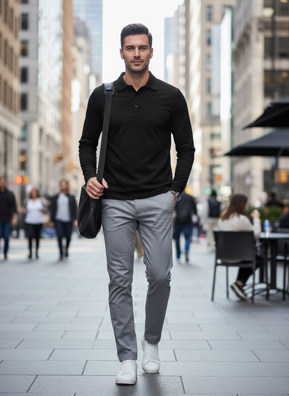 Men's Long Sleeve Polo Shirt with Button Placket