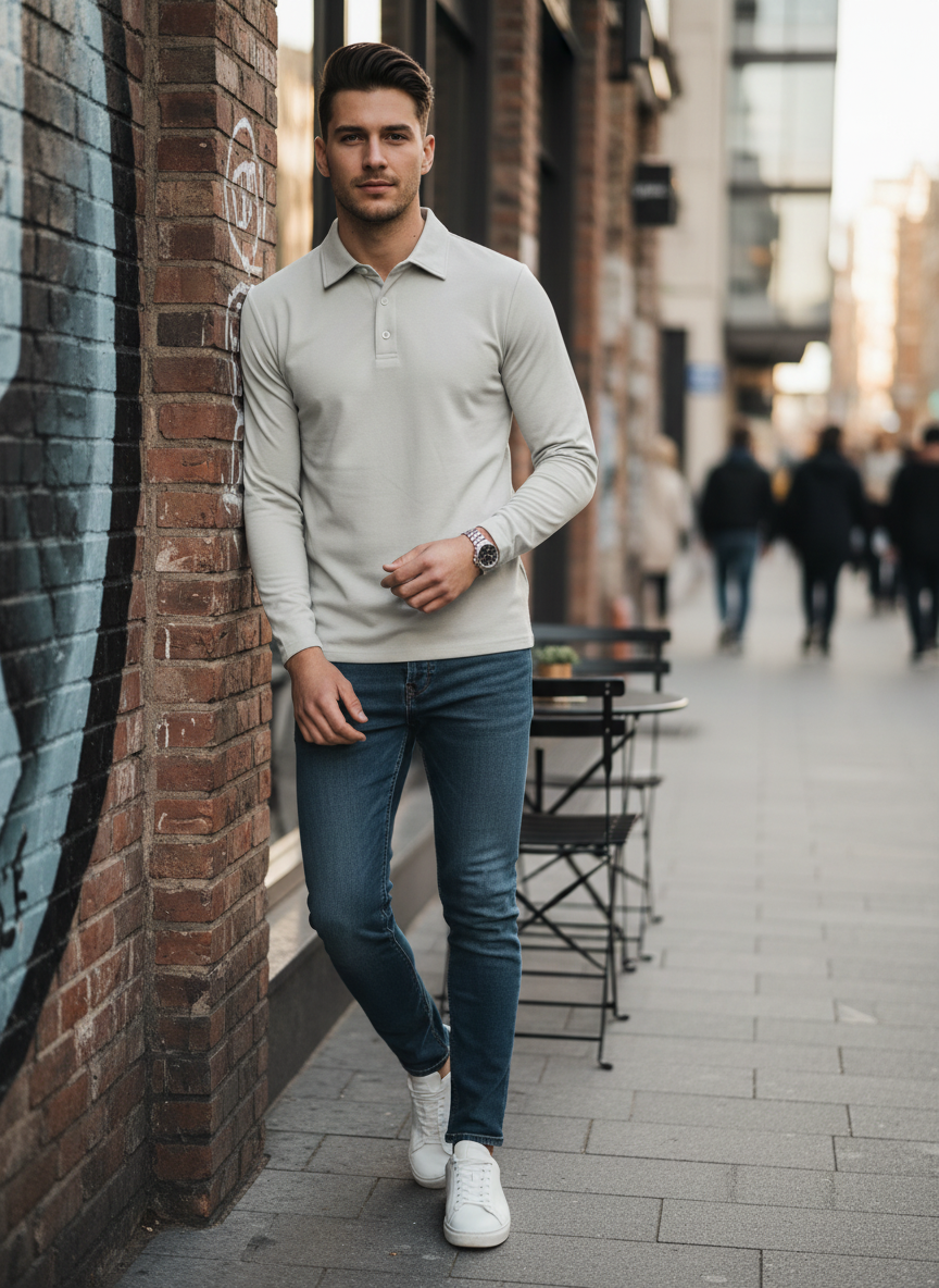 Men's Long Sleeve Polo Shirt with Button Placket