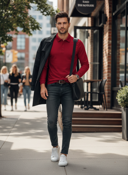 Men's Long Sleeve Polo Shirt with Button Placket