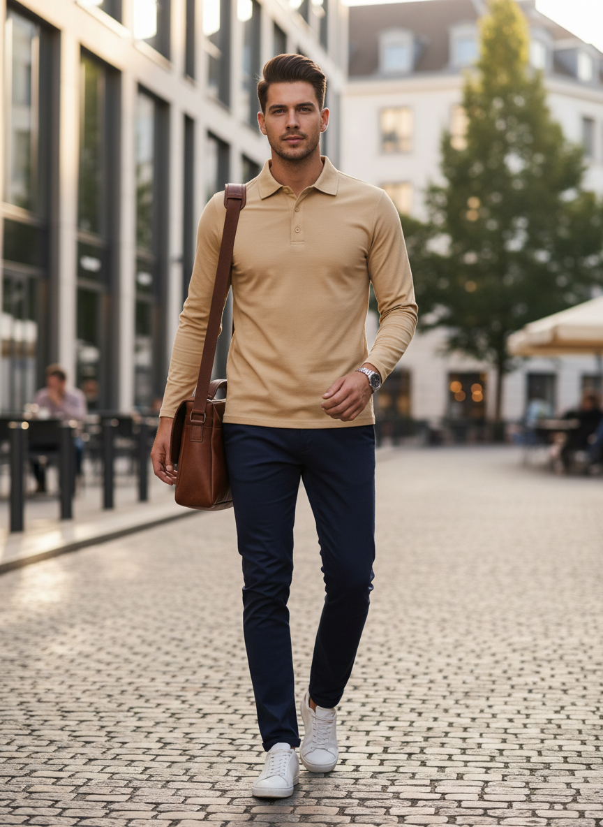 Men's Long Sleeve Polo Shirt with Button Placket