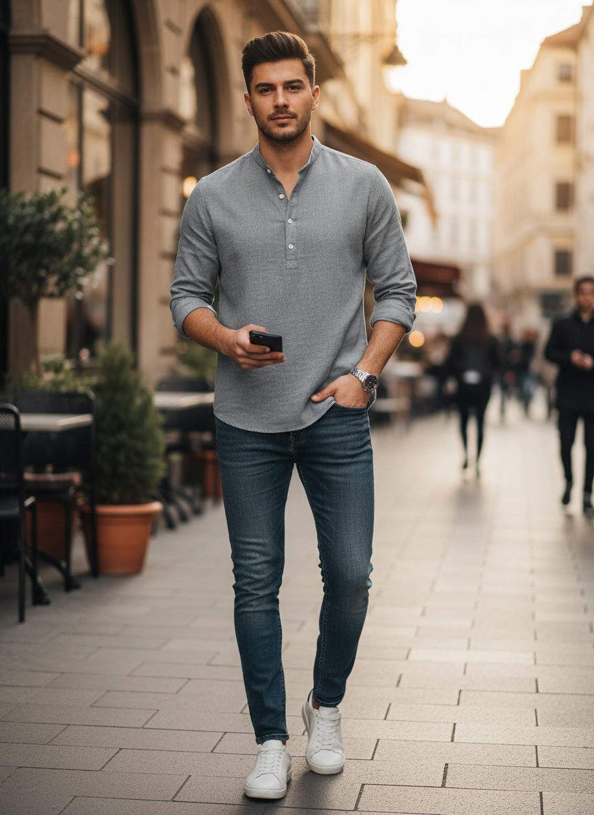 Men's Long Sleeve Shirt with Kent Collar