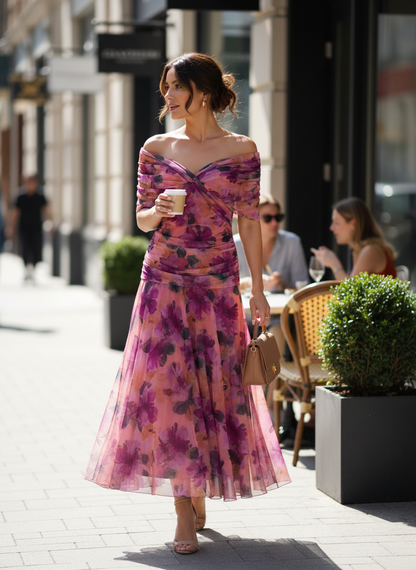 Women's Chiffon Evening Dress with Off-Shoulder Neckline