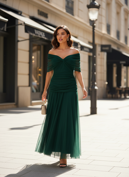 Women's Chiffon Evening Dress with Off-Shoulder Neckline