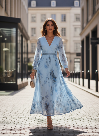 Women's Midi Dress with Pleats and V-Neck