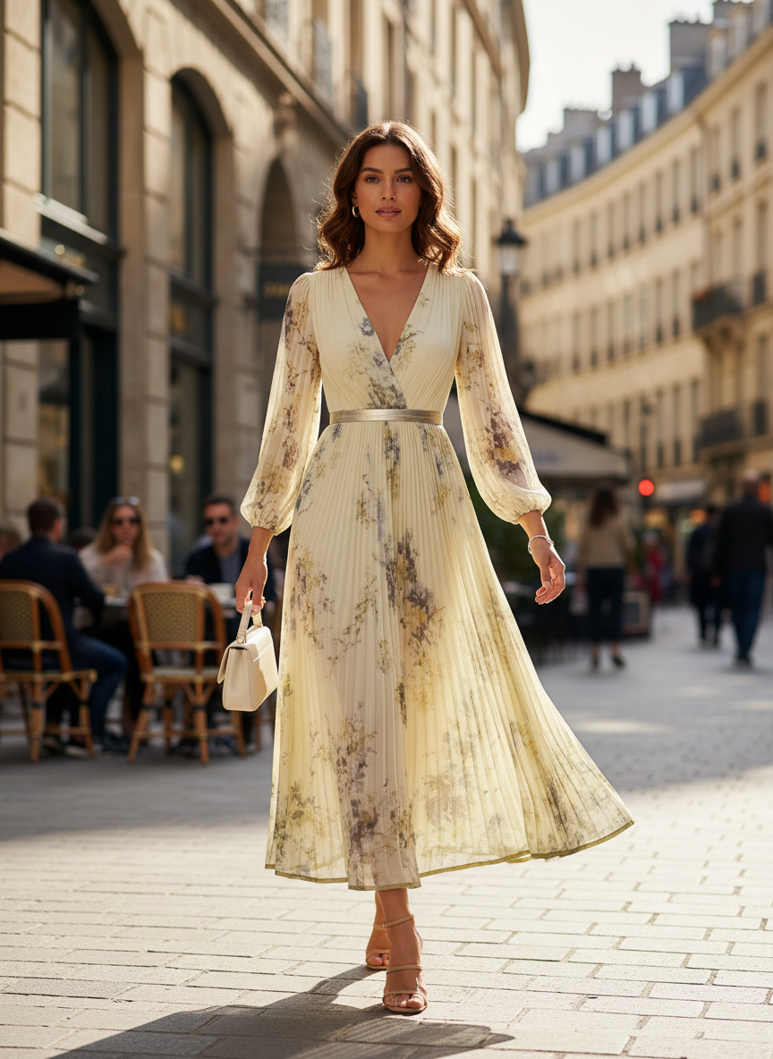Women's Midi Dress with Pleats and V-Neck