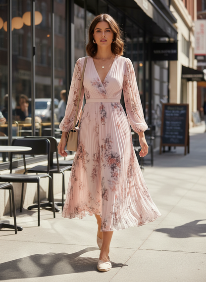 Women's Midi Dress with Pleats and V-Neck
