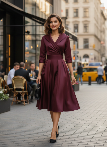 Women's A-Line Wrap Dress with 3/4 Sleeves