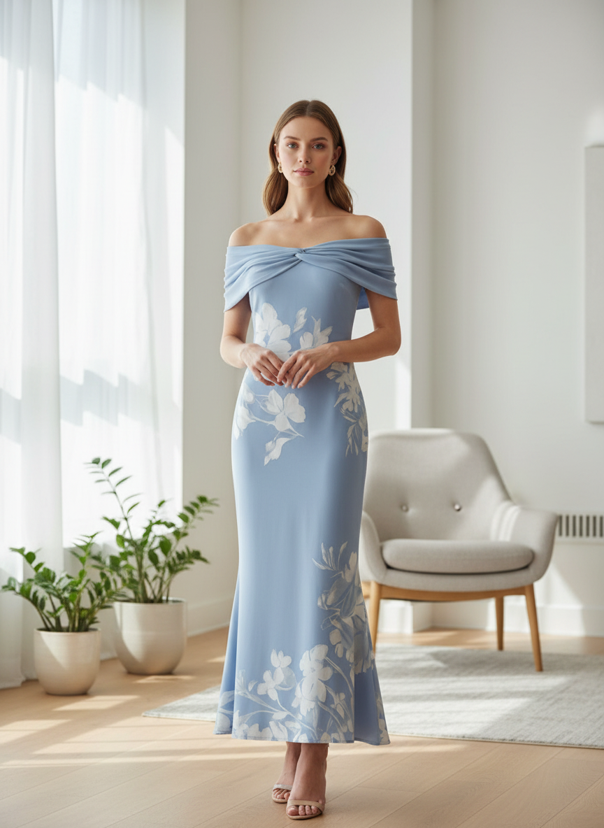 Women's Off-Shoulder Maxi Dress with Floral Print – Figure-Hugging
