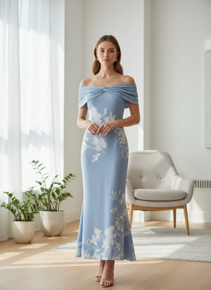 Women's Off-Shoulder Maxi Dress with Floral Print – Figure-Hugging