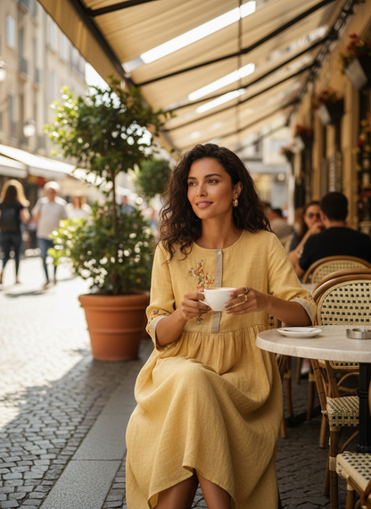 Women's Linen Midi Dress in Mustard Yellow with Embroidery and 3/4 Sleeves