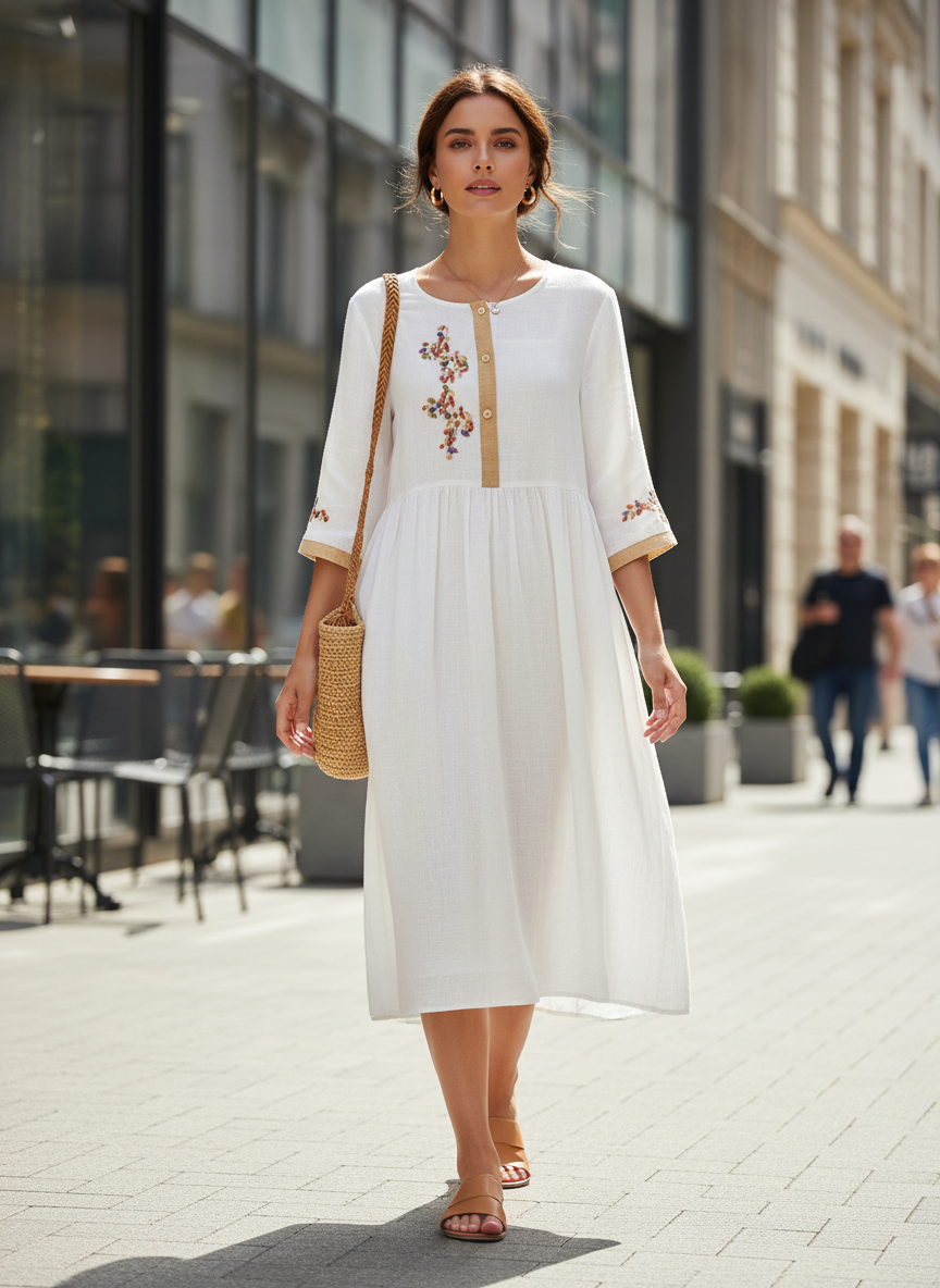Women's Linen Midi Dress in Mustard Yellow with Embroidery and 3/4 Sleeves