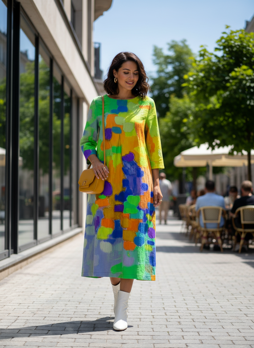 Women's Midi Dress Long with Pattern Round Neck