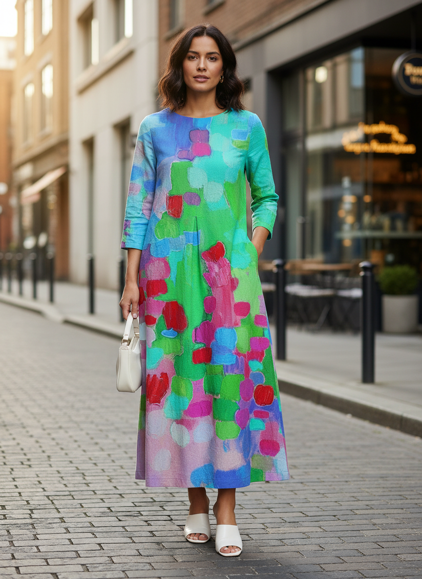Women's Midi Dress Long with Pattern Round Neck