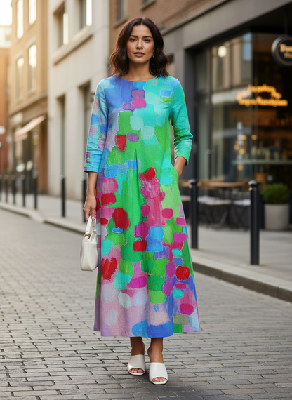 Women's Midi Dress Long with Pattern Round Neck