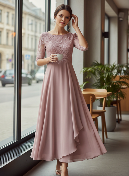 Women's Chiffon Maxi Dress in Champagne with Lace Top and 3/4 Sleeves