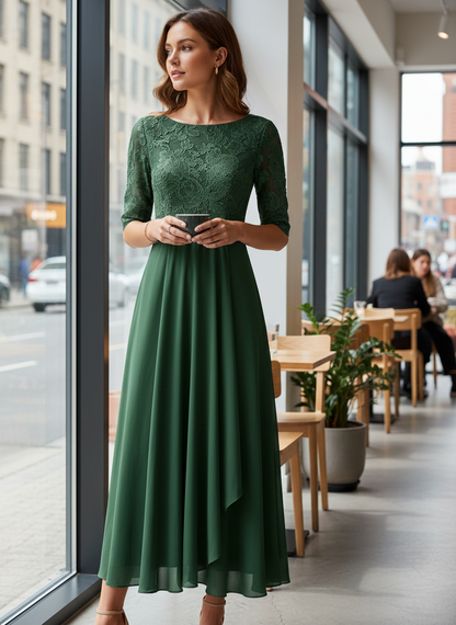 Women's Chiffon Maxi Dress in Champagne with Lace Top and 3/4 Sleeves