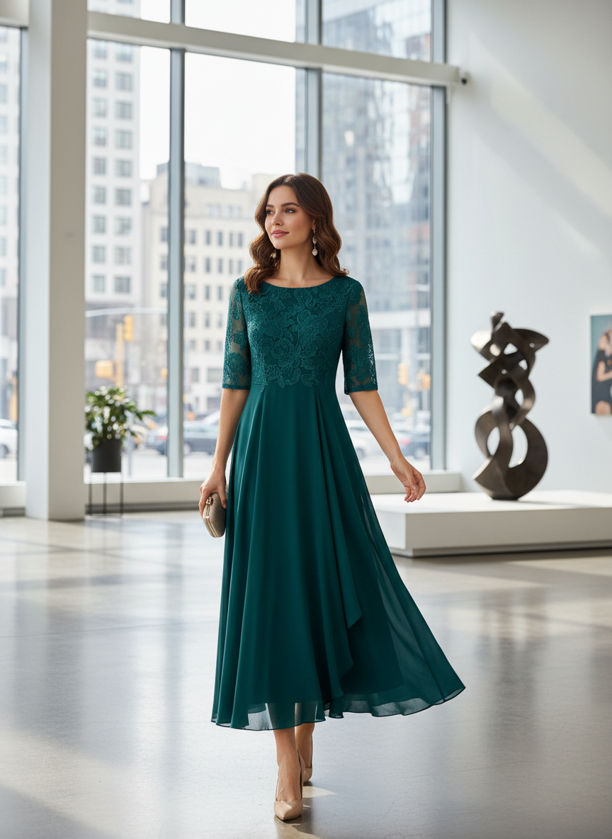 Women's Chiffon Maxi Dress in Champagne with Lace Top and 3/4 Sleeves