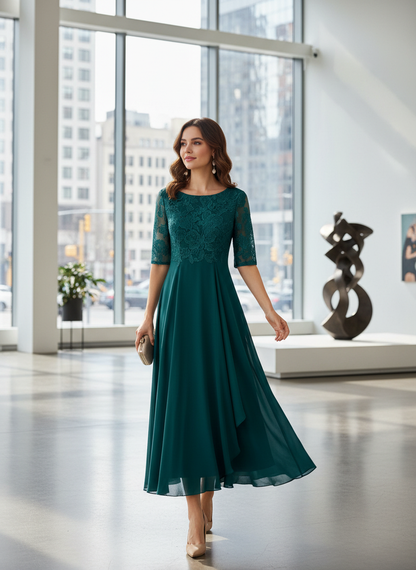 Women's Chiffon Maxi Dress in Champagne with Lace Top and 3/4 Sleeves