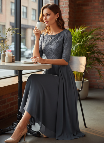 Women's Chiffon Maxi Dress in Champagne with Lace Top and 3/4 Sleeves