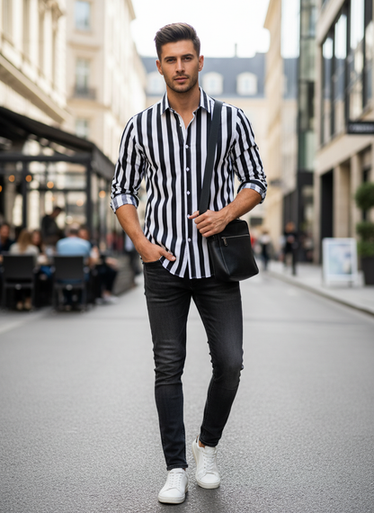 Men's Long Sleeve Shirt with Stripes and Kent Collar