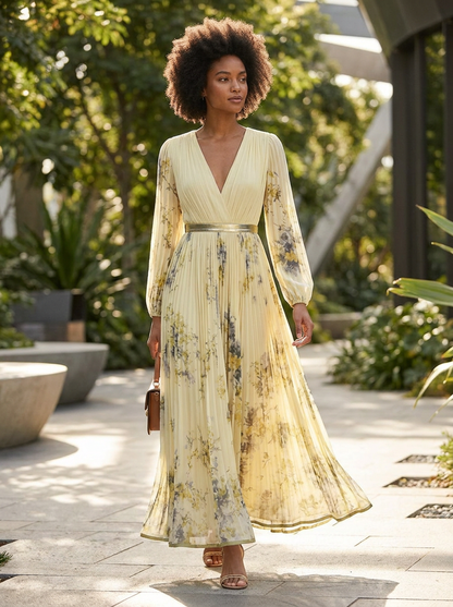 Women's Midi Dress with Pleats and V-Neck