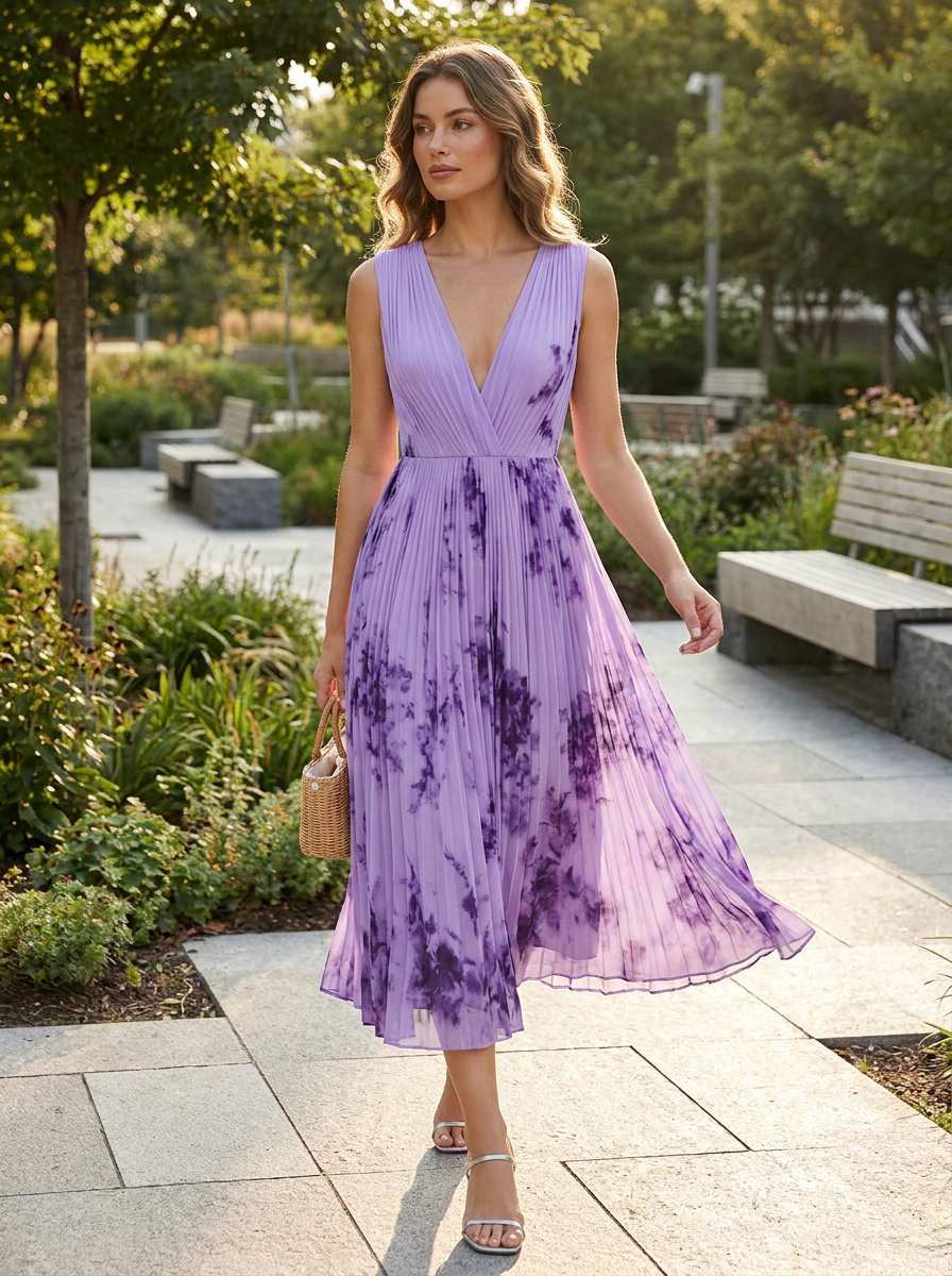 Women's Midi Dress with Pleats and V-Neck