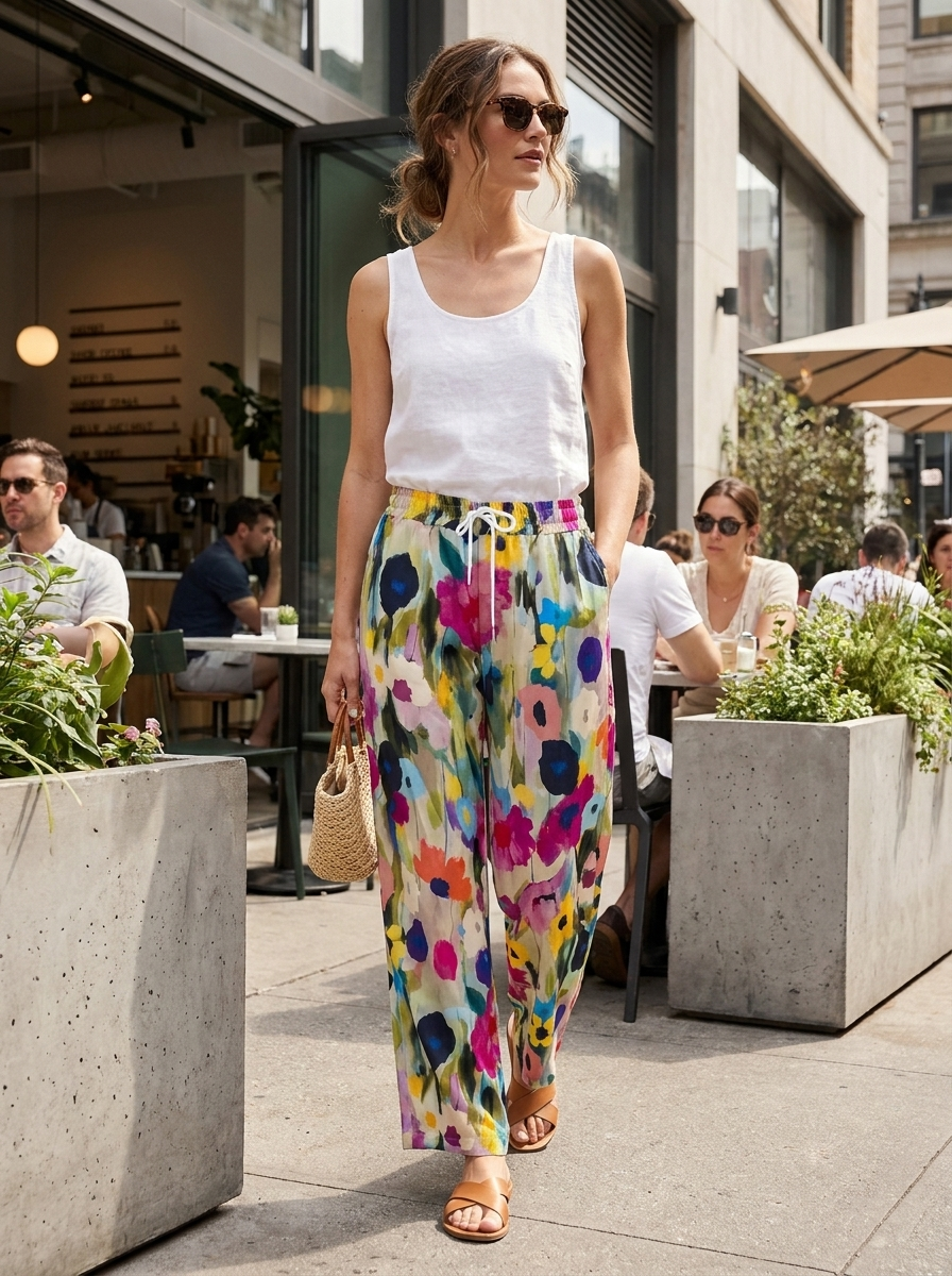 Women's  Floral Pattern Trousers with Wide Legs