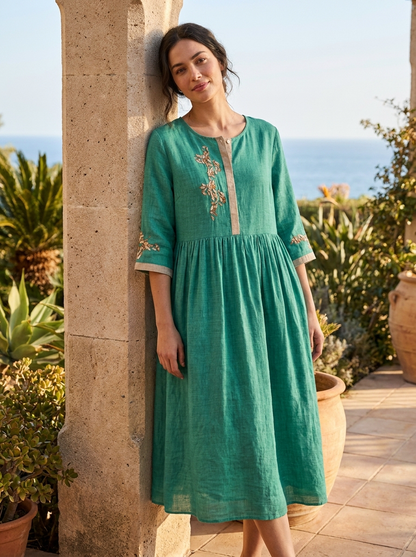 Women's Embroidered Midi Dress | Linen