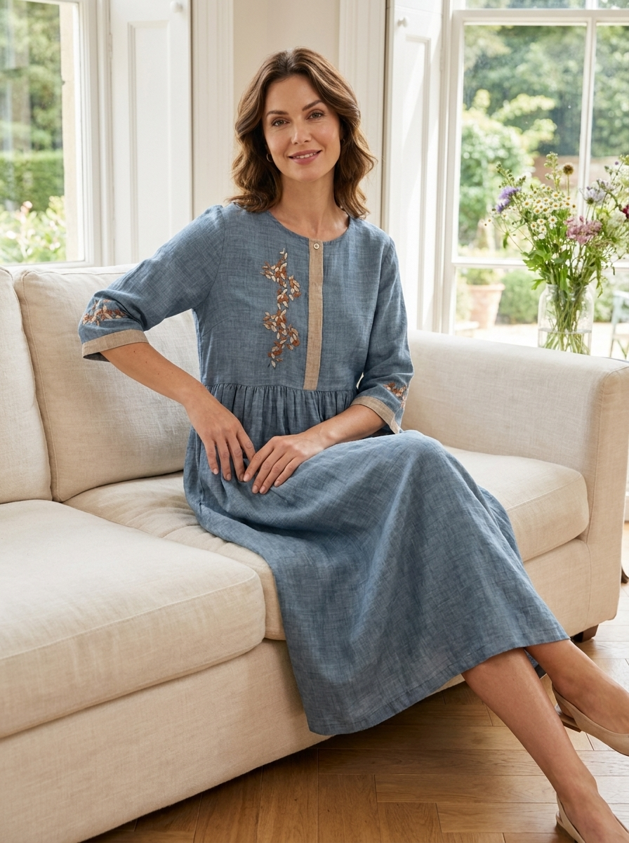 Women's Embroidered Midi Dress | Linen
