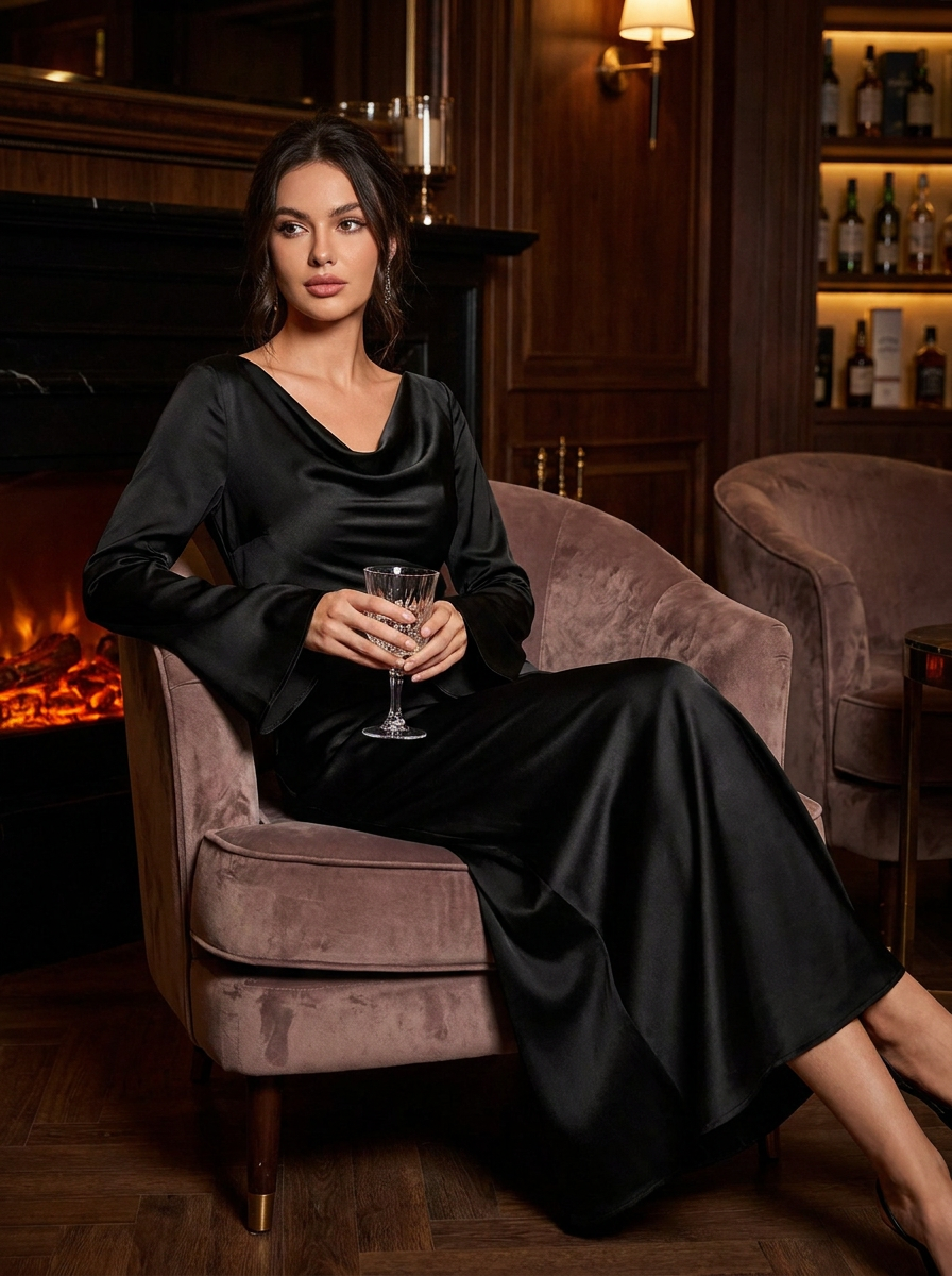 Women's Satin Maxi Dress | Long Sleeve