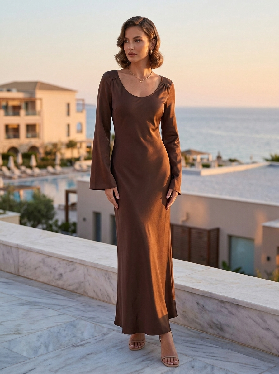 Women's Satin Maxi Dress | Long Sleeve