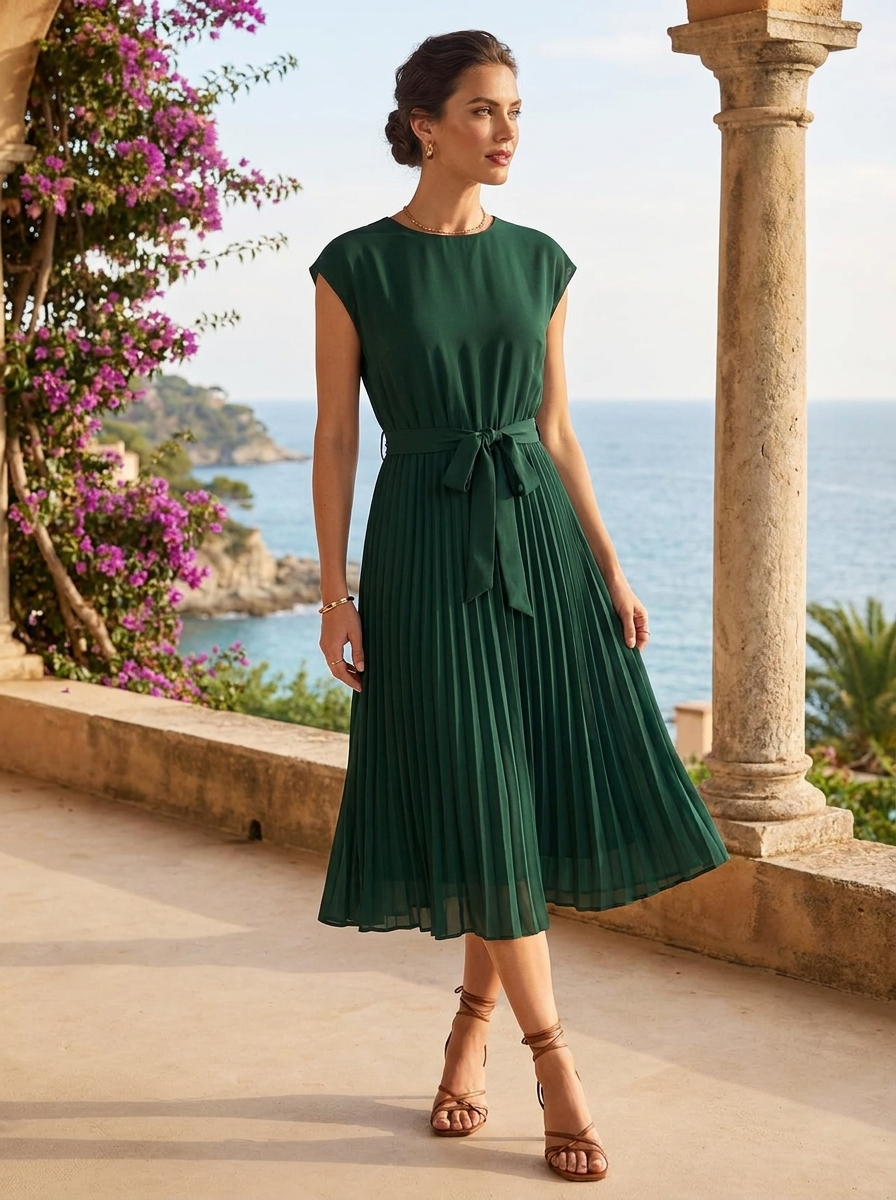 Midi Dress for Women with Pleated Skirt and Belt