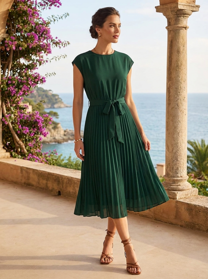 Midi Dress for Women with Pleated Skirt and Belt