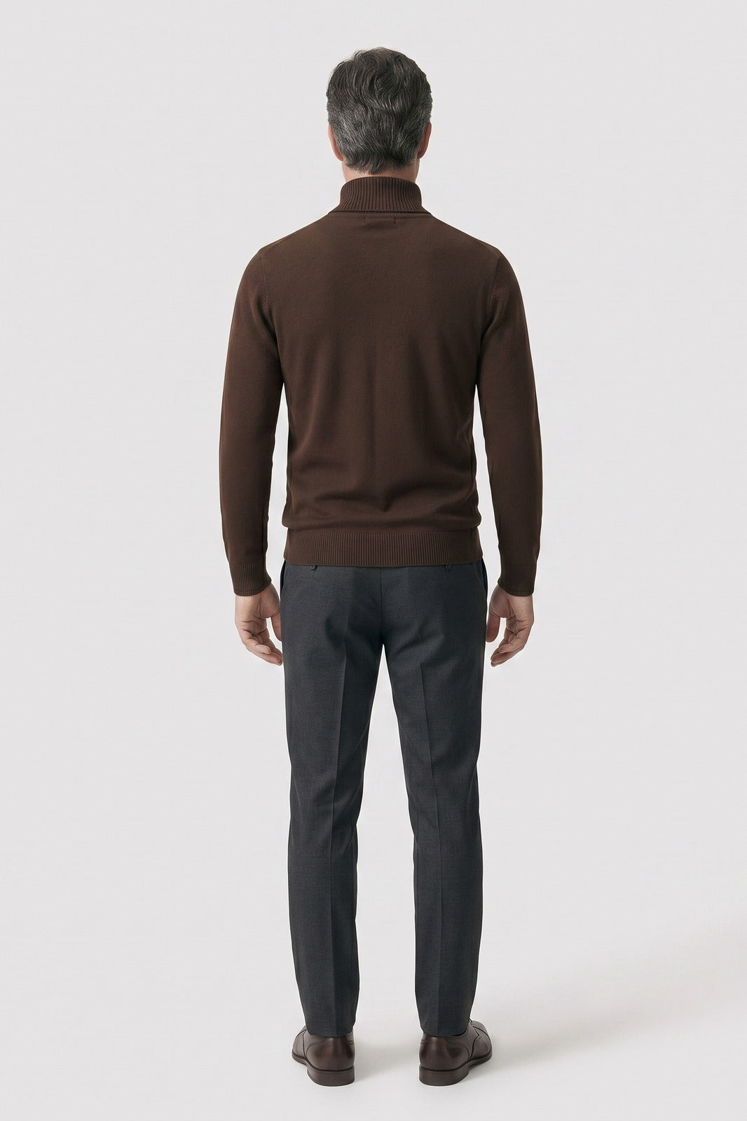 Men's Turtleneck Sweater | Ribbed Cuffs — Brown — back view — on model