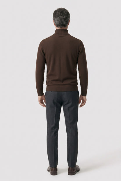 Men's Turtleneck Sweater | Ribbed Cuffs — Brown — back view — on model