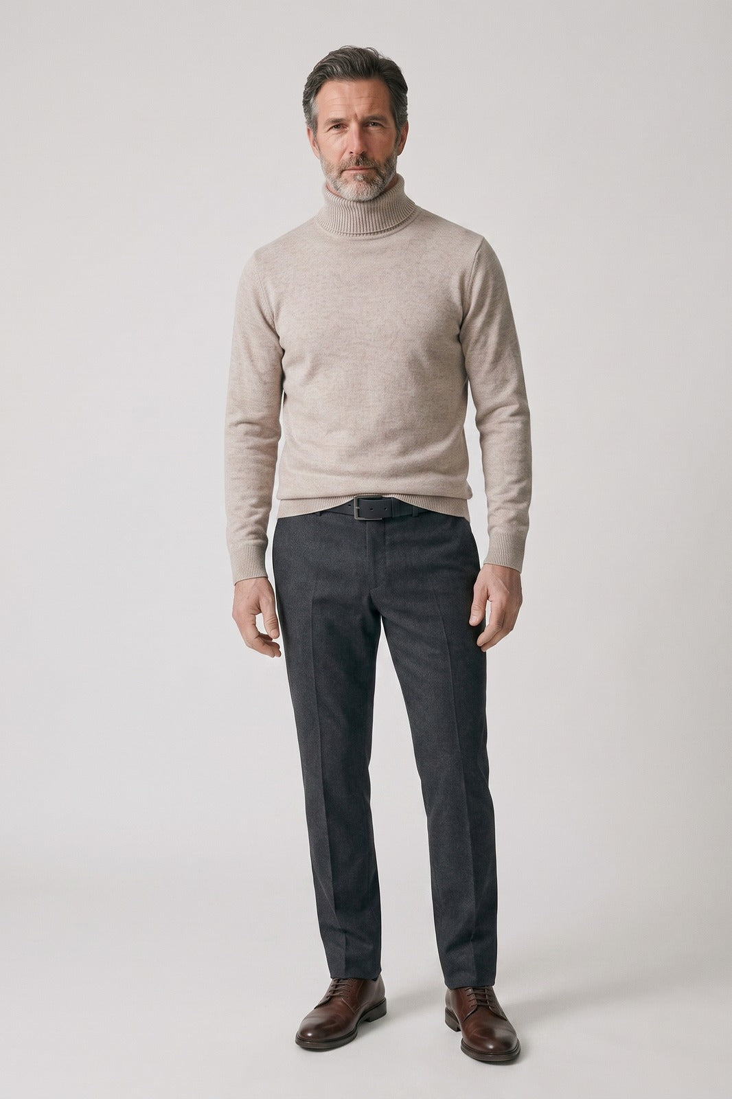 Men's Turtleneck Sweater | Ribbed Cuffs — Light Brown — front view — on model