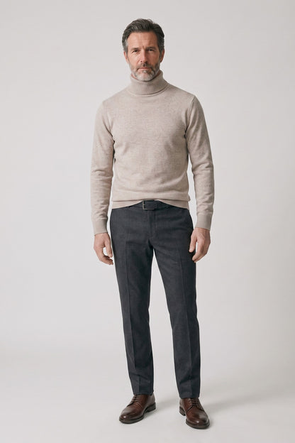 Men's Turtleneck Sweater | Ribbed Cuffs — Light Brown — front view — on model