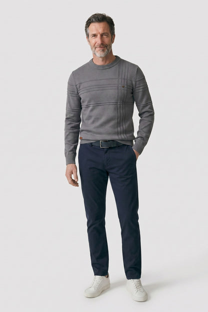 Men's Striped Crew Sweater | Ribbed Trim — Grau — front view — on model