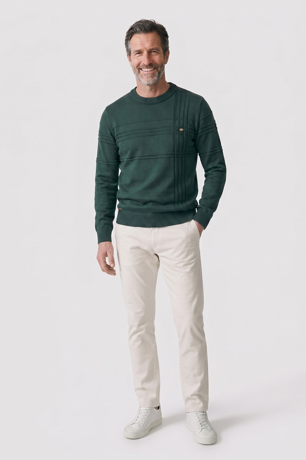 Men's Striped Crew Sweater | Ribbed Trim — Grun — front view — on model